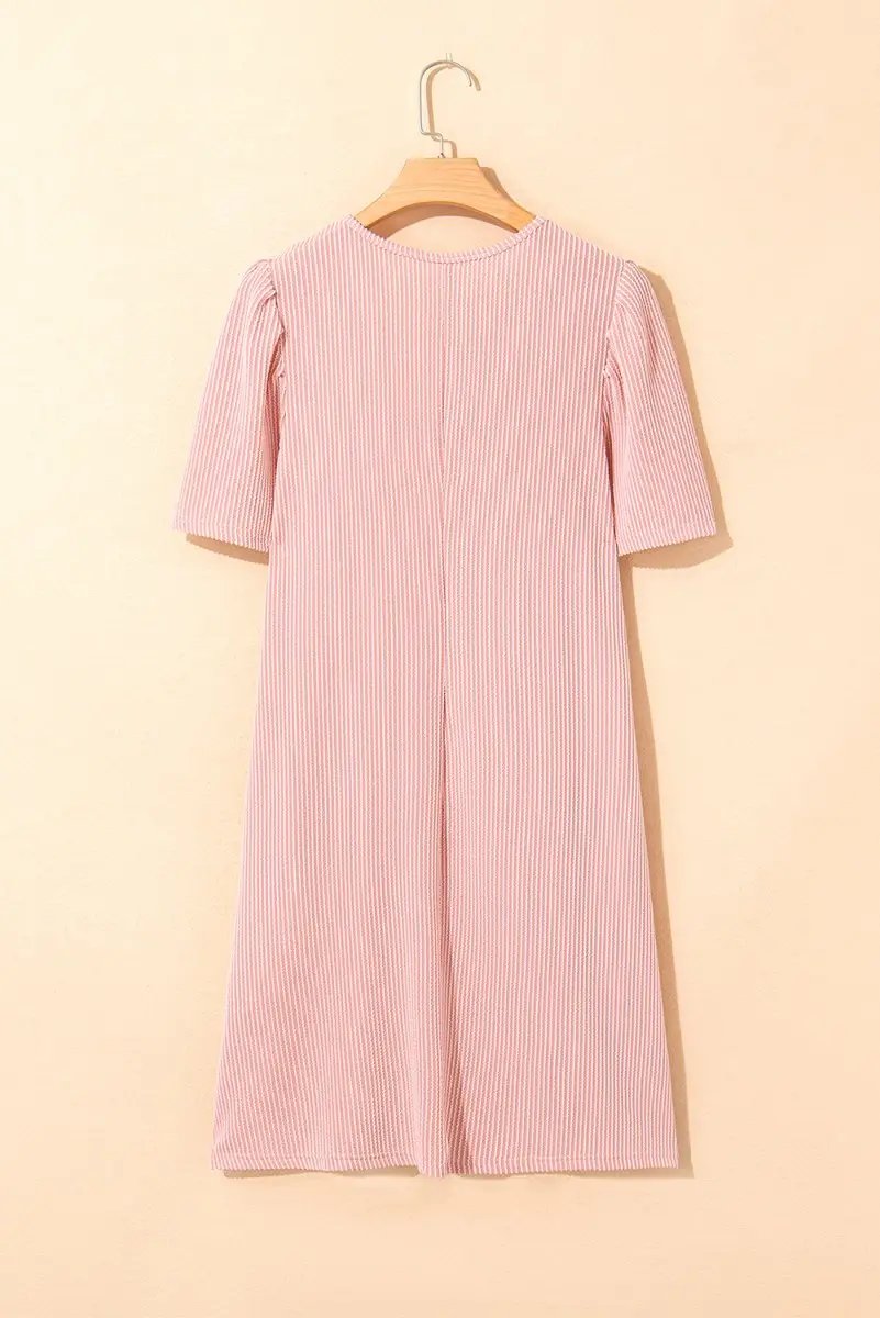 Blossom Corded Knit Crew Neck Puff Sleeve Mini Dress - Love Salve